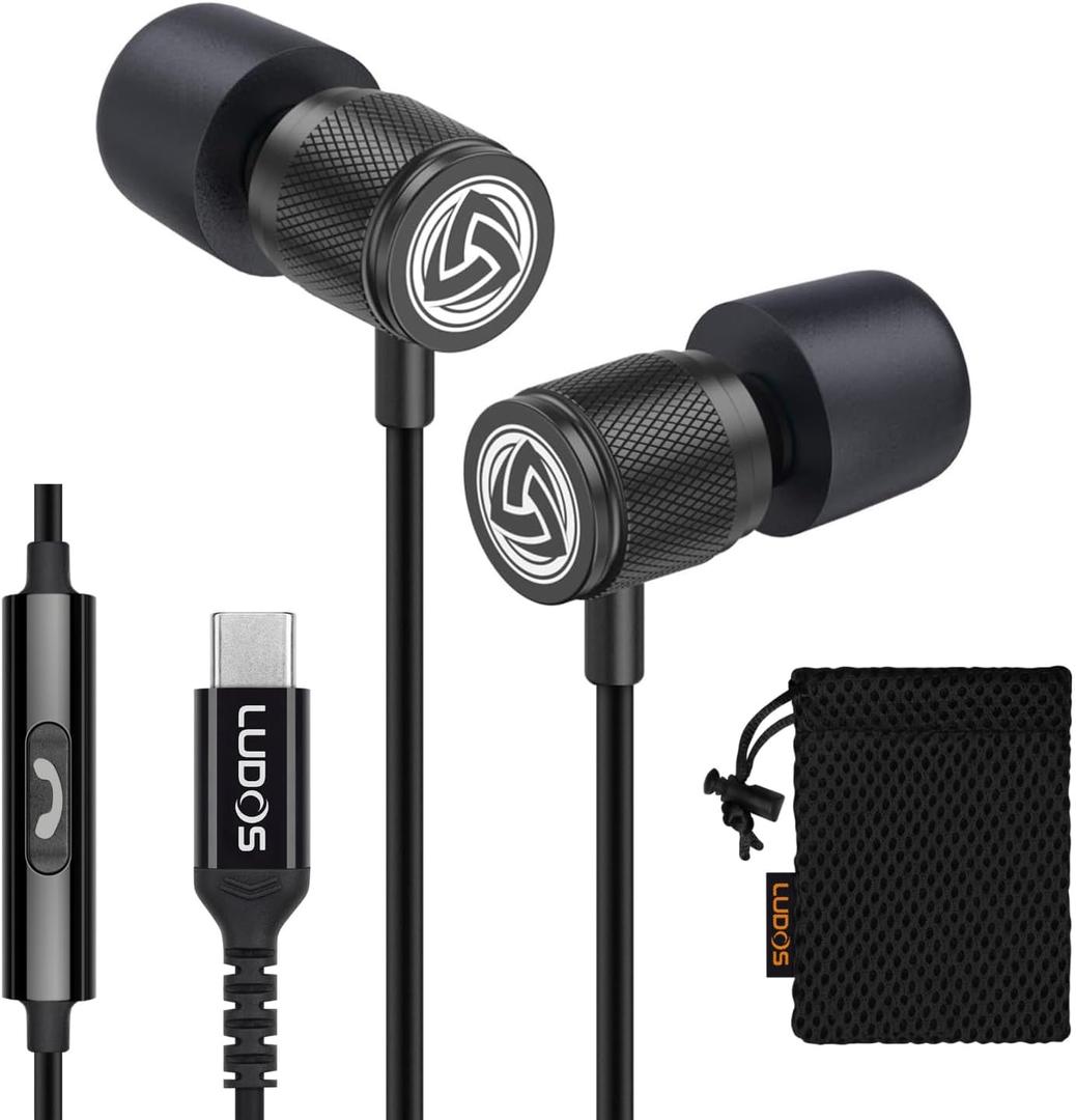 LUDOS Ultra USB C Headphones for iPhone 17 16 15 Pro Max Plus Air iPad Pro, Magnetic USB-C Earbuds for Samsung Galaxy S24 S23 Ultra S22 S21 FE S20 A55 A54 A53, USB Type C Earphones