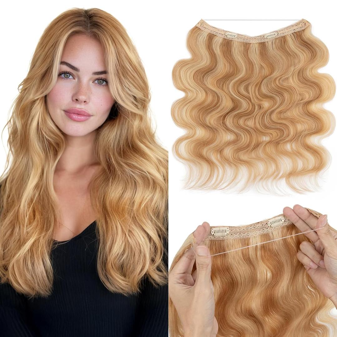 MY-LADY Wavy Halo Hair Extensions Real Human Hair for Women Golden Brown & Bleach Blonde Clip in Remy Hairpiece with Adjustable Invisible Wire 16 Inch 65G
