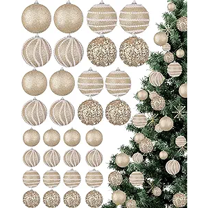 32 Pcs Christmas Hanging Balls - 3 Size Glitter Pearl & Sequin Xmas Tree Ornaments Pearl Balls for Thanksgiving Day Xmas Trees Wreath Garland Holiday Party(Champagne Gold)