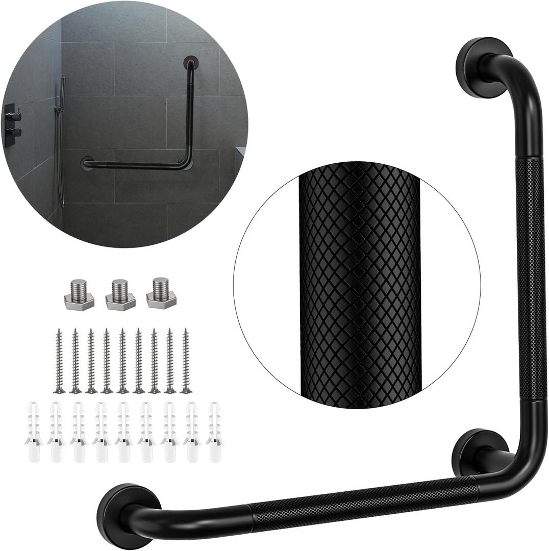 Black Angled Grab Bar 16x16 Inch, Stainless Steel Bathroom Grab Bar w/Anti-Slip Knurled Grip, Wall Mounted Bathtub Toilet Safety Handrail for Elderly Senior, L-Shaped Grab Bar for Shower