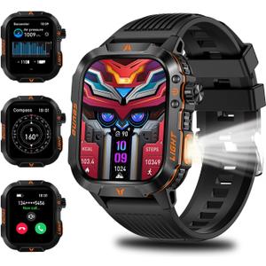 Military Smartwatch for Men, LED Flashlight Bluetooth Call IP68 Waterproof Heart Rate Blood Oxygen Sleep Tracker Fitness Pedometer Android iOS Compatible - Ideal for Hunting Hiking Extreme Sports (Black)