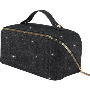 KEYPOWER Large Capacity Glitter Sequin Cosmetic Bag Travel Makeup Bag Sparkly and Shiny Portable Toiletry Bag with Handle for Women (Black)