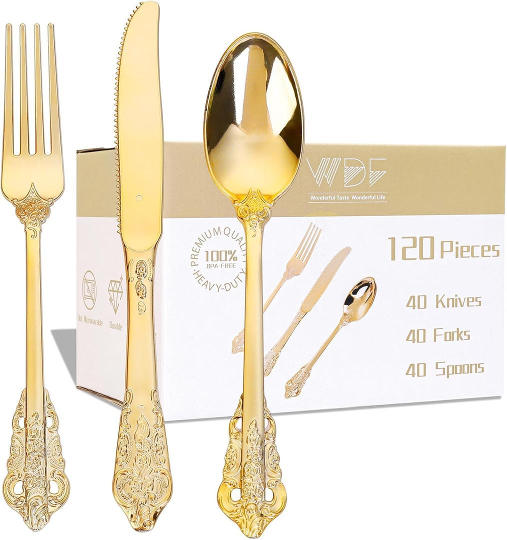 WDF 120PCS Gold Plastic Silverware - Heavy Duty Gold Plastic Cutlery Set Disposable Utensils - 40 Forks, 40 Spoons, 40 Knives, Perfect for Party Weeding Daily Use Valentine's Day