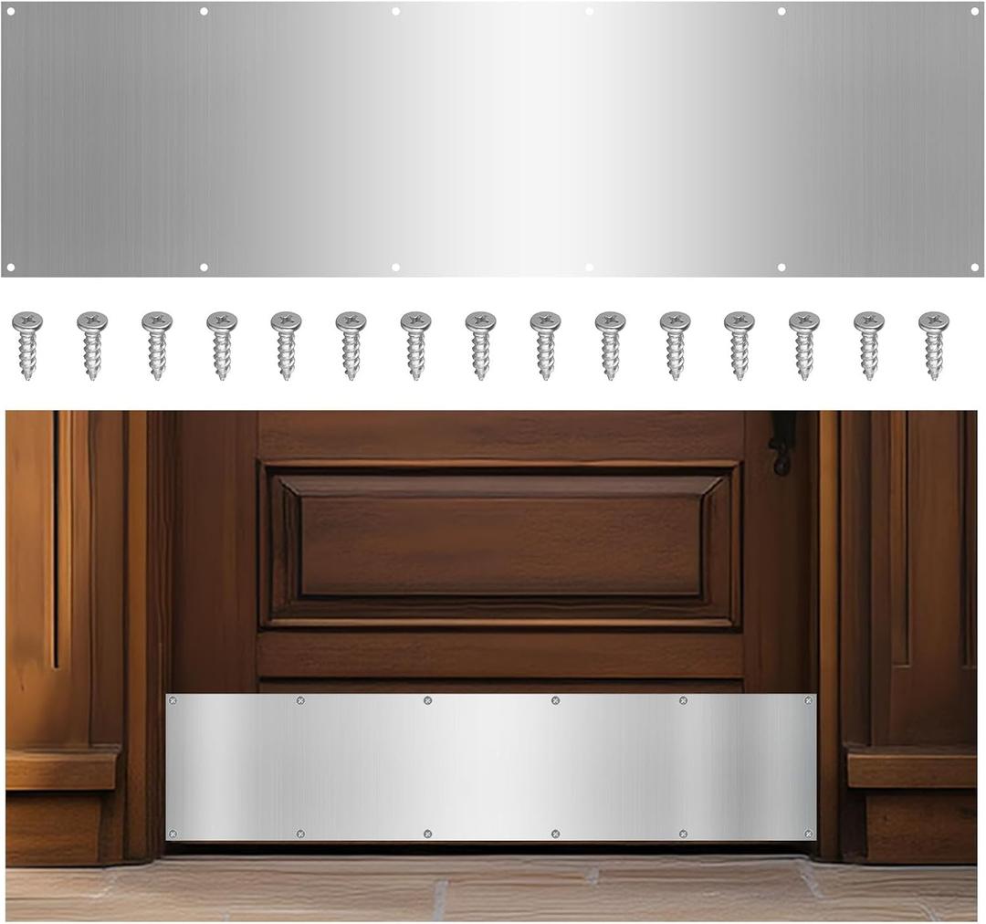8 x 36 Inches Door Kick Plate with Screws, Satin Aluminum Kick Plate for Bottom of Door - Anti-Scratch Protection for Wood Metal Doors, Interior/Exterior Use (1 Set)