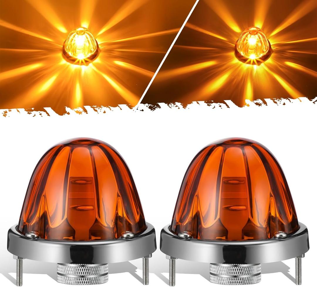 Partsam 2Pcs Amber Glass Lens Watermelon Lights [Patented] LED Side Marker Turn Signal Lights with Stainless Steel Bezel Replacement for Kenworth Peterbilt Freightliner