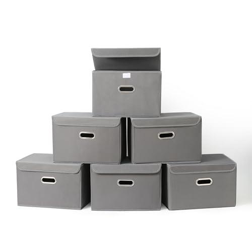 SEVENDOME Fabric Foldable Collapsible Storage Cube Bin Organizer Basket with Lid, Handles, Removable Divider for Home, Closet (Grey, 6Pcs)