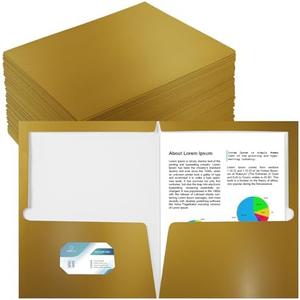 Yeaqee 100 Pack 2 Pockets Glossy Laminated Paper Folder First Day of School Presentation Folder Letter Size Two Pocket File Portfolio Holder Back to School Items Bulk for Teacher Office (Gold)
