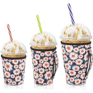 Iced Coffee Sleeve Insulator Sleeves for Cold Drinks Beverages, 3 Pack Reusable Neoprene Cup Sleeve with Handle for 16-32oz Coffee cups(Daisy Blooming)