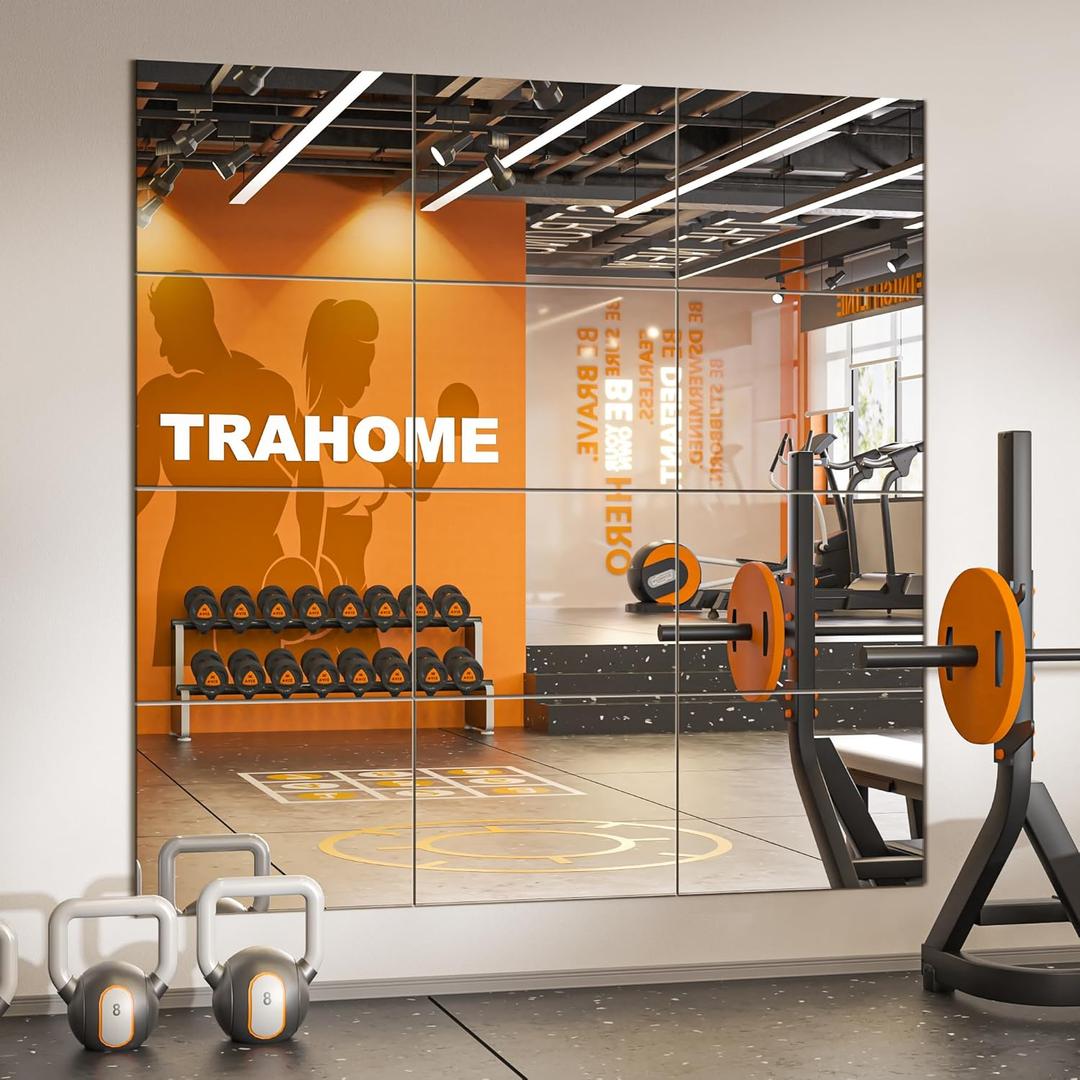 TRAHOME Wall Mirror Tiles, 16"x12"x12PCS Full Length Home Gym Mirror for Garage, Bedroom, Living Room, Over The Door (Frameless)