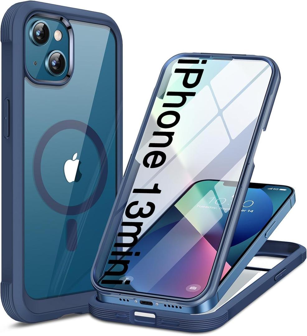 Miracase for iPhone 13 mini Case 5.4",Full-Body Protection,Clear Bumper Case with Built-in 9H Tempered Glass Screen Protector,Military-Grade Drop Protection Outdoor Phone Case for 13 mini,Dark Blue