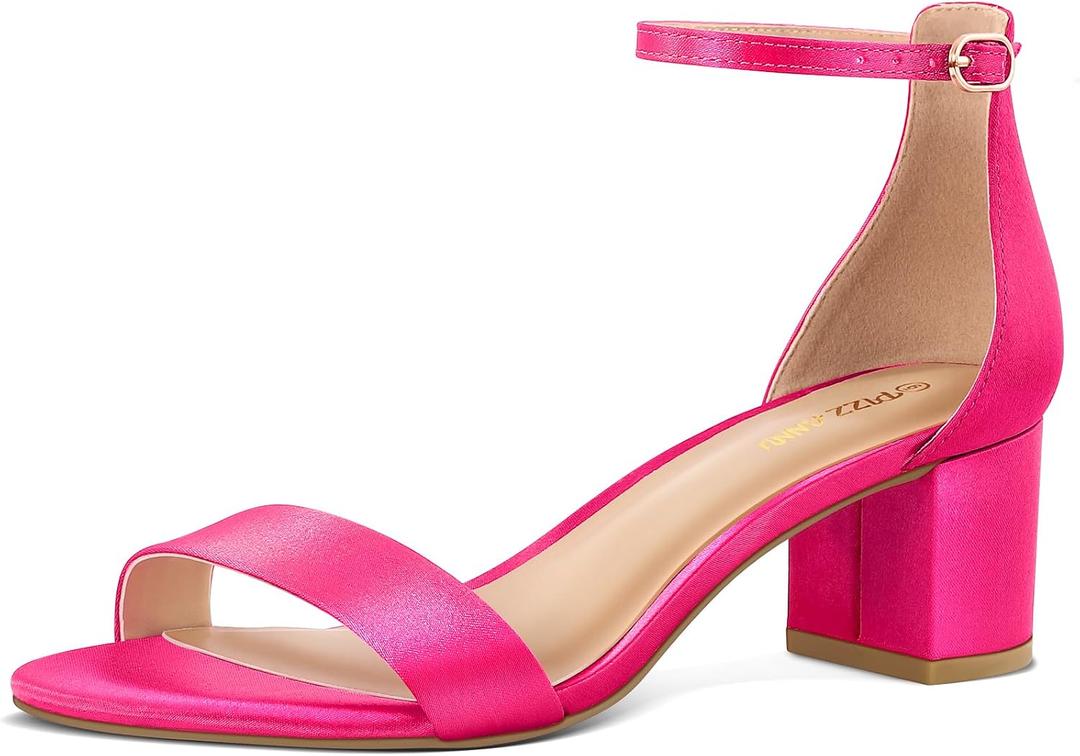 PIZZ ANNU Women's Low Block Chunky Heels Sandals Comfortable Open Toe Ankle Strap Party Dress Pump Shoes Strappy Buckle Heeled Sandal with 2 Inches Tall Thick Heel Design Size 10 (Pink)