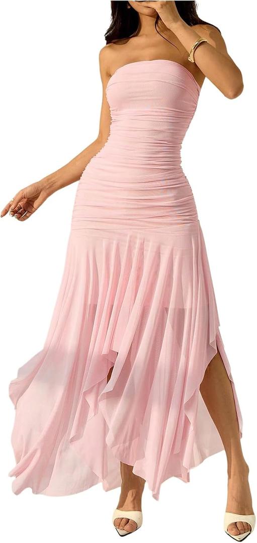 Milumia Women's Summer Maxi Tube Dress Strapless Asymmetrical Hem Long Going Out Casual Elegant Party Dresses (Pink, L)
