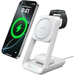 Apor 3 in 1 Charging Station for iPhone, for Magsafe Wireless Charger with Cooling Fan for iPhone 17 16 15 14 13 12 Series & Apple Watch Charger, Wireless Charging Station for AirPods 4/3/Pro (White)