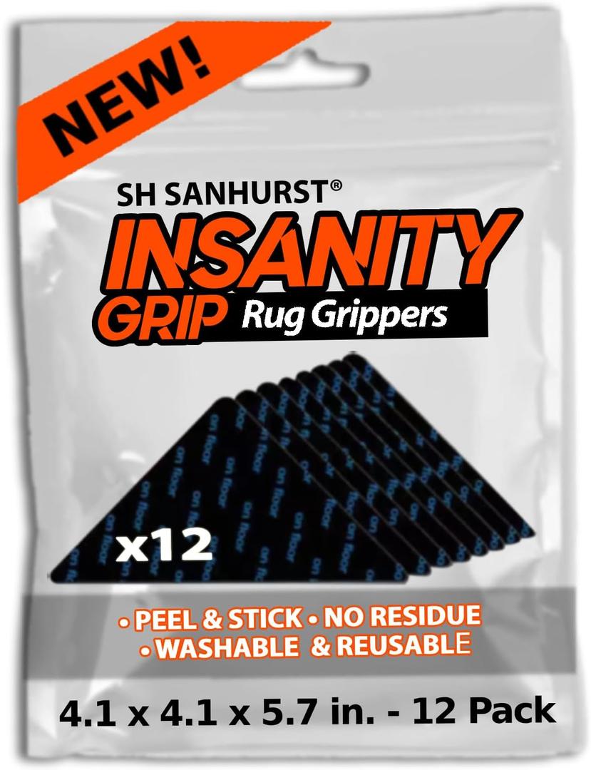 12 Pcs Rug Grips for Hardwood Floors, Tile, Cement & More - Thin Corner Carpet Pad That is Removable - Glueless Nano Gel Triangle Shaped Carpet Tape & Floor Tape for Area Rugs