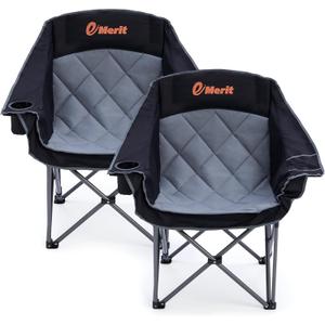 EMERIT 2 Pack Oversized Padded Camping Chair for Big Tall Adults, 500 LBS Heavy Duty Foldable Quad Lawn Chair, 19.68" High Seat, 4-Layer Cushion, Cup Holder, Camping Tailgating Patio, Black