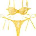 Lilosy Sexy Tie Side Cute Underwire Push Up Strappy Embroidered Mesh Sheer Lingerie Set, size Medium