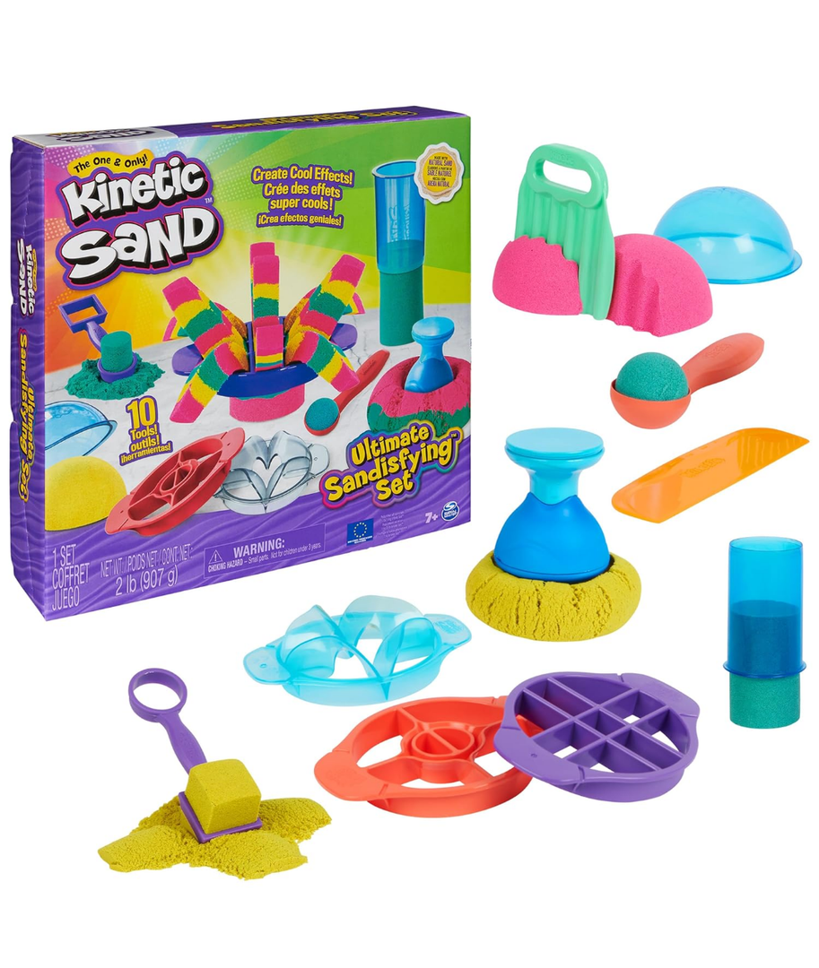 Kinetic Sand, Ultimate Sandisfying Set with 2lbs Play Sand (Pink, Yellow & Teal), 10 Tools & Molds, Sensory Toys for Kids Ages 7 and up
