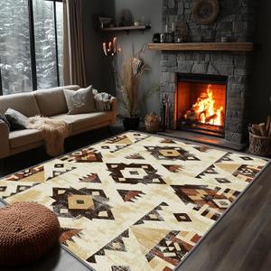 Southwestern Area Rugs - Native American Rug, 5x7 Rug, Aztec Abstract Area Rug, Rustic Tribal Carpet, Washable & Non Slip & Soft Large Rugs, Native American Home Decor (Beige Black Brown)