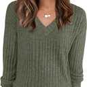 ANRABESS Long Sleeve Shirts for Women V Neck Casual Fall Tops Loose Fit Lightweight Sweaters Tunic Fashion 2025 Clothes (Small, Deep Green)