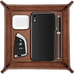 SITHON Valet Tray Desktop Storage Organizer – Premium PU Leather Catchall Bedside Vanity Tray Nightstand Caddy Holder for Remote Controller, Keys, Phone, Wallet, Coin, Jewelry, Brown