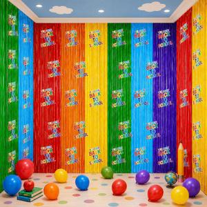 4 Pack Back to School Party Decorations 3.3x6.6ft Rainbow Foil Fringe Curtain Backdrop Colorful Metallic Tinsel Streamers for Preschool Kindergarten School Classroom Photo Booth Props Wall Decor