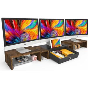 WESTREE Triple Dual Monitor Stand Riser with Drawer,Extra Large Adjustable for 2~3 Monitors,Solt for Phone & Tablet, Desktop Organizer Stand for Computer,Laptop,Printer,TV