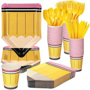 168 Pcs Back to School Decoration, Pencil Paper Plates Napkins and Cups First Day of School Party Supplies Disposable Dinnerware Set for 24 Students Teacher Back Classroom Decoration