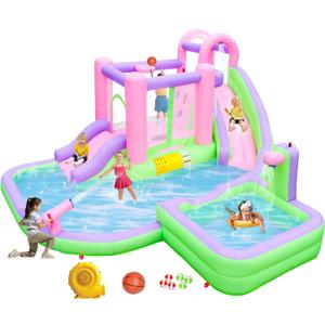 Inflatable Water Slide for Kids Aged 3-10, Water Bounce House with 2 Slides, 2 Splash Pools, 180 x 175 x 80 inches, Blow Up Water Park with 520W Blower, Bouncy Castle for Backyard