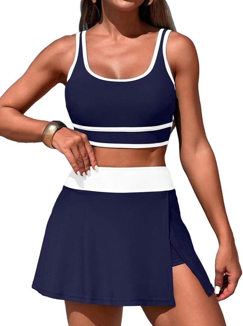 Women's High Waisted Bikini Sets Tummy Control Swim Skirt Two Piece Swim Suit Tummy Control Color Block Bathing Suit (Dark Blue2, Small)