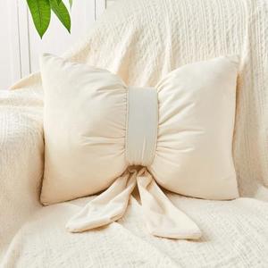 Uvvyui Beige Bow Pillow, Cute Bow Throw Pillow for Bed, Soft Velvet Bow Decorative Pillows 13"x9" Aesthetic Bow Room Decor Plush Pillow for Sofa Bedroom Living Room