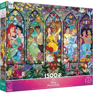 Ceaco Disney Princess Royal Windows Jigsaw Puzzle  1500 Piece Puzzle for Adults, Stained GlassStyle Princess Artwork, Includes Reference Poster