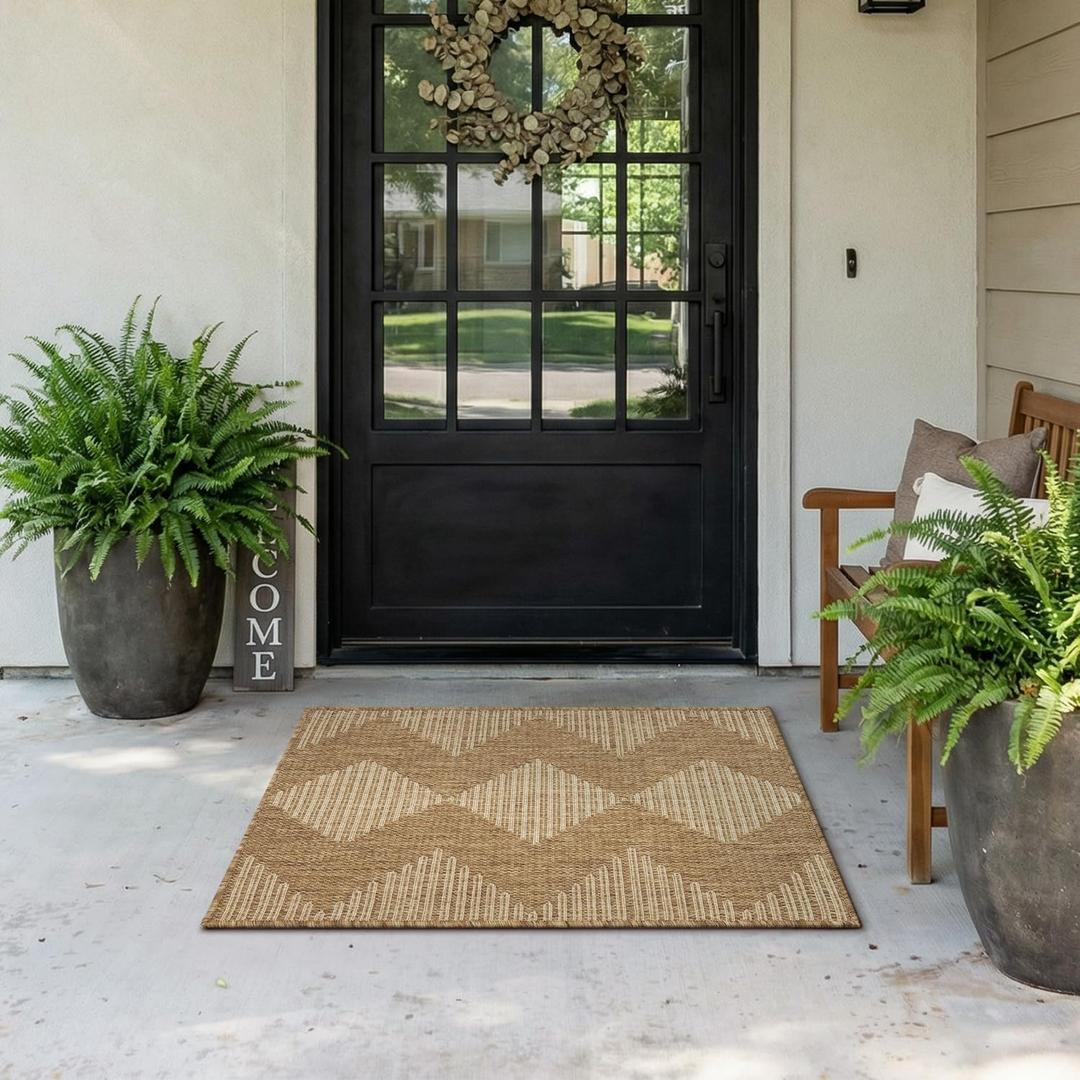 MontVoo-Polypropylene 2x3 ft Indoor Outdoor Entryway Rug Porch Rug Door Mats Rugs Small Accent, Textured Weave, Durable for High Traffic, Fade-Resistant, Non-Shedding, Boho Geometric Neutral Brown