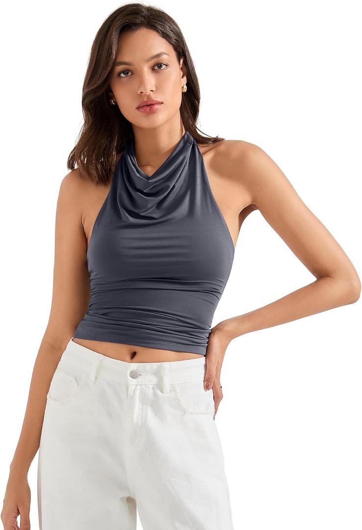 SUUKSESS Women Halter Backless Tank Tops Sexy Cowl Neck Summer Going Out Cami Tops (Gray, XS)