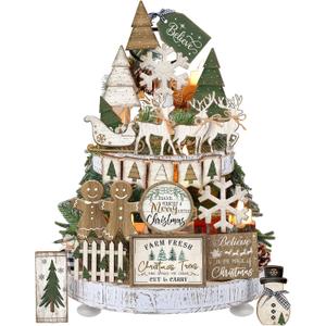 Shellwei 22 Pcs Christmas Tiered Tray Decor Set Wood Rustic Gingerbread Christmas Decoration Winter Farmhouse Decor Xmas Trees Gnome Elk Snowflake Signs for Table Shelf Home Centerpiece (Fresh)