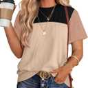 WIHOLL Womens Fashion 2026 Color Block Shirts Short Sleeve Crewneck Knitted Spring Summer Tops Casual Trendy (Beige, XXL)