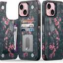 FUNMIKO for iPhone 15 Plus Wallet Case with Card Holder, RFID-Blocking, Military-Grade Protection & UV-Printed Artwork, Magnetic Closure with Leather Kickstand - Mystic Blooming Plum