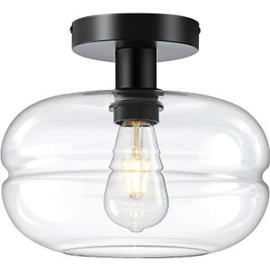 PurtekInfi Semi Flush Mount Ceiling Light Fixture, 10-1/2 Inch Clear Glass Shade, Black Modern Vintage 1-Light E26 Socket Ceiling Light for Hallway Entryway Kitchen Sink Bedroom Bathroom