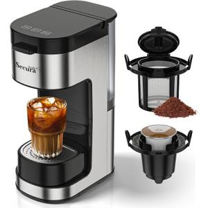 Single Serve One Cup Coffee Maker, for K Cups and Grounds, 3 Brew Styles, 6 to 12 Oz Brew Sizes Coffee Machine with Romvable Drip Tray & Reservoir