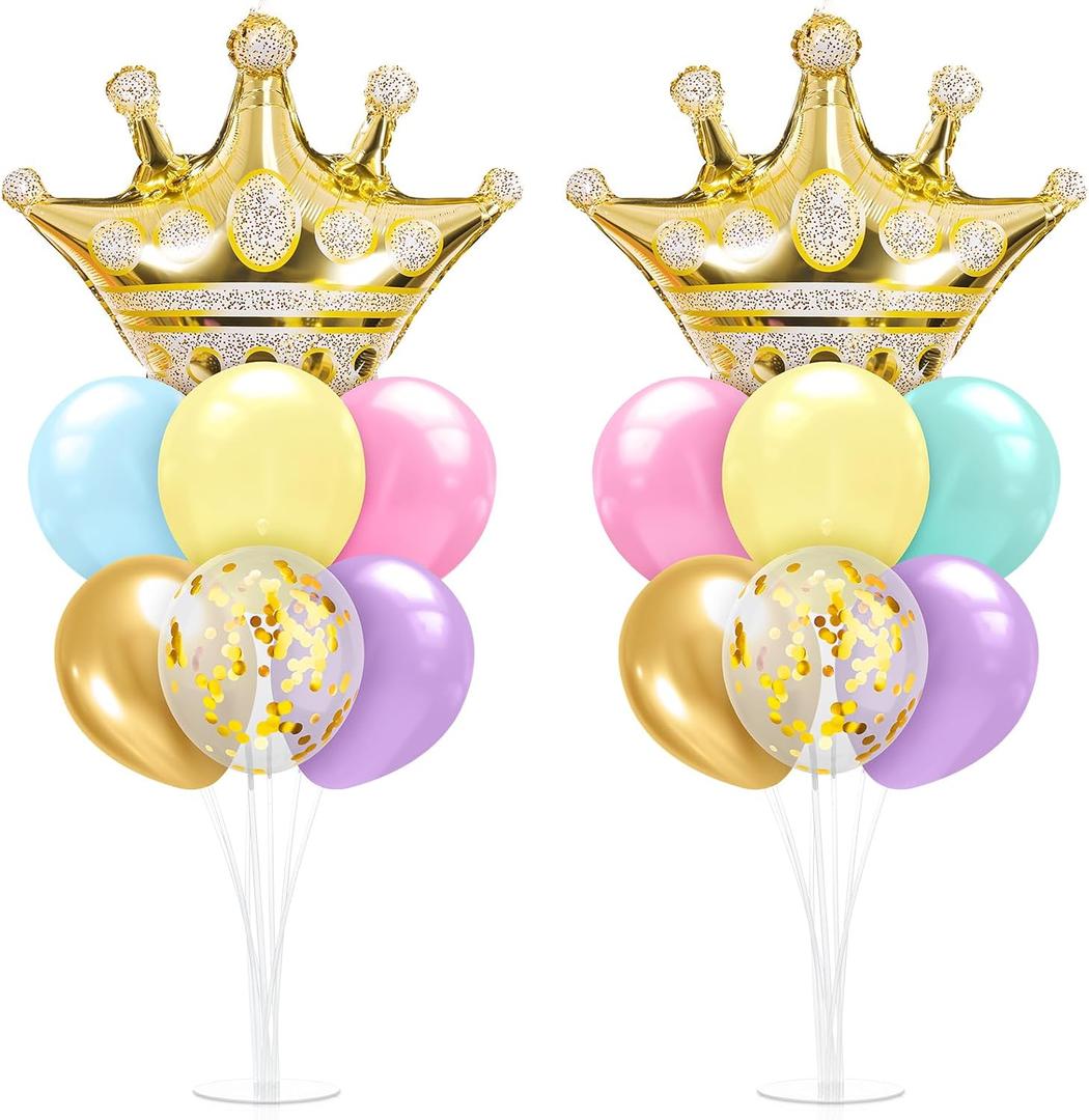 Seematn 2 Set Princess Balloon Stand Kits Pastel Gold Crown Balloons Sticks Holder with Base, Princess Birthday Party Table Centerpiece Kit for Woman Queen Wedding Baby Shower Fairy Tale Decoration