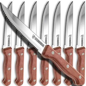 Elemake Steak Knife Set - Steak Knife with Wooden Handle, Knives Set for Kitchen, Serrated Steak Knives Set of 8, Classic Full Tang Design, 5Cr15Mov Stainless Steel Blade