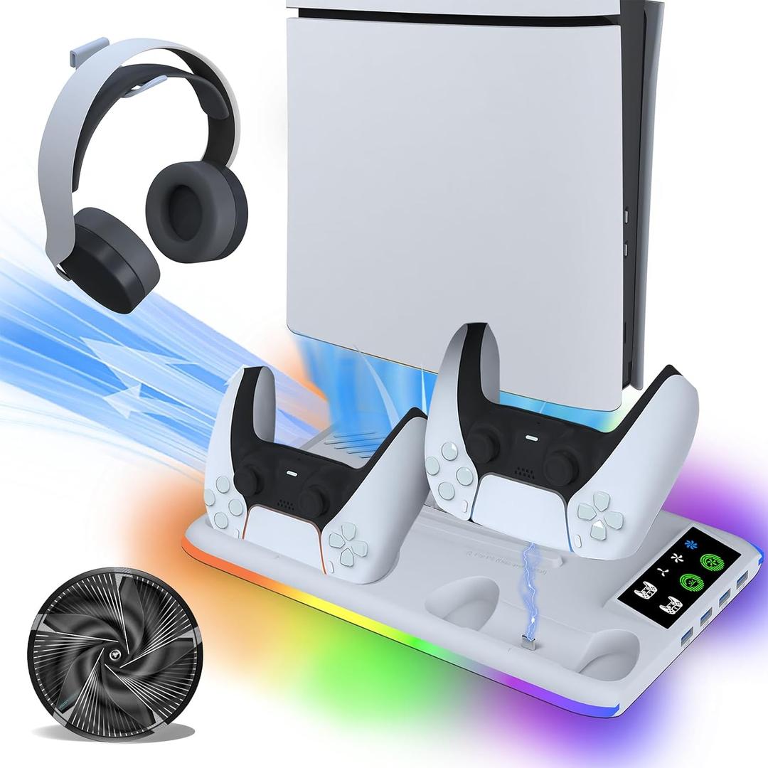 G&G&G&St for ps5 slim cooling fan cooling fan with usb ports for ps5 Cooling and Charging Stations, PS5 Cooling Stand for Playstation5 Accessories,PS5 Slim Digital/Disc Stand with 4 Charging Ports Headphone Brackets