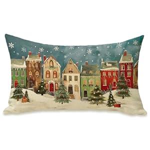 Fahrendom Christmas Village House Lumbar Decorative Rectangle Pillow Cover 12 x 20, Xmas Tree Snowy Porch Patio Outdoor Pillowcase, Winter Holiday Farmhouse Sofa Couch Cushion Case Home Decor
