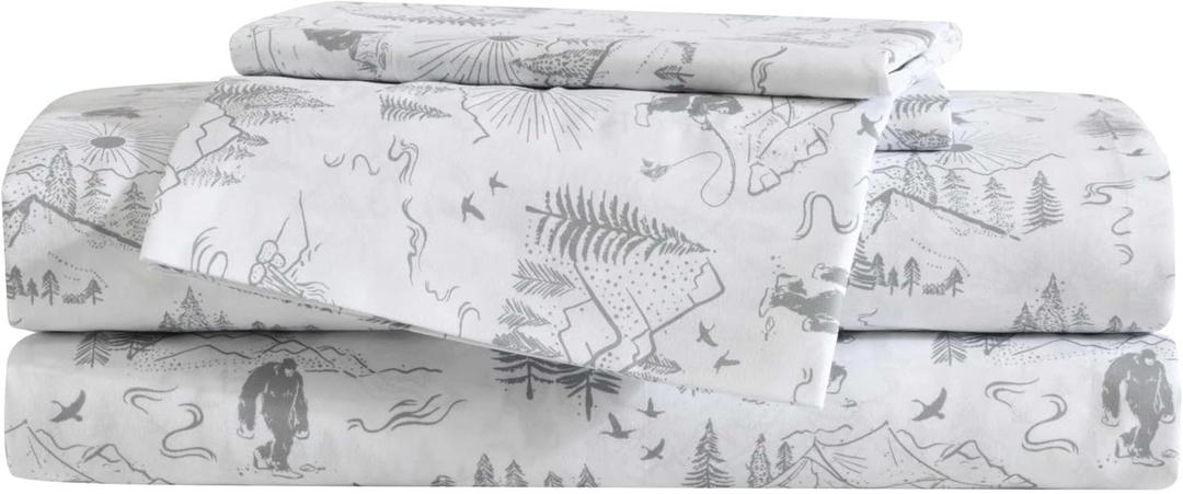 Eddie Bauer Kids - Twin Sheets, Stain-Resistant Toddler Bedding with Matching Sham(s), Ideal Boy Room Essentials (Big Foot Hiking Trip White, Twin)