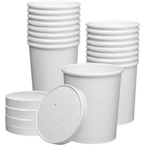 GUSTO [32 oz. - 25 Count White Paper Food Containers with Vented Lids - To Go Hot Soup Bowls, Disposable Ice Cream Cups, Ideal for Hot and Cold Foods - (Formerly Comfy Package)