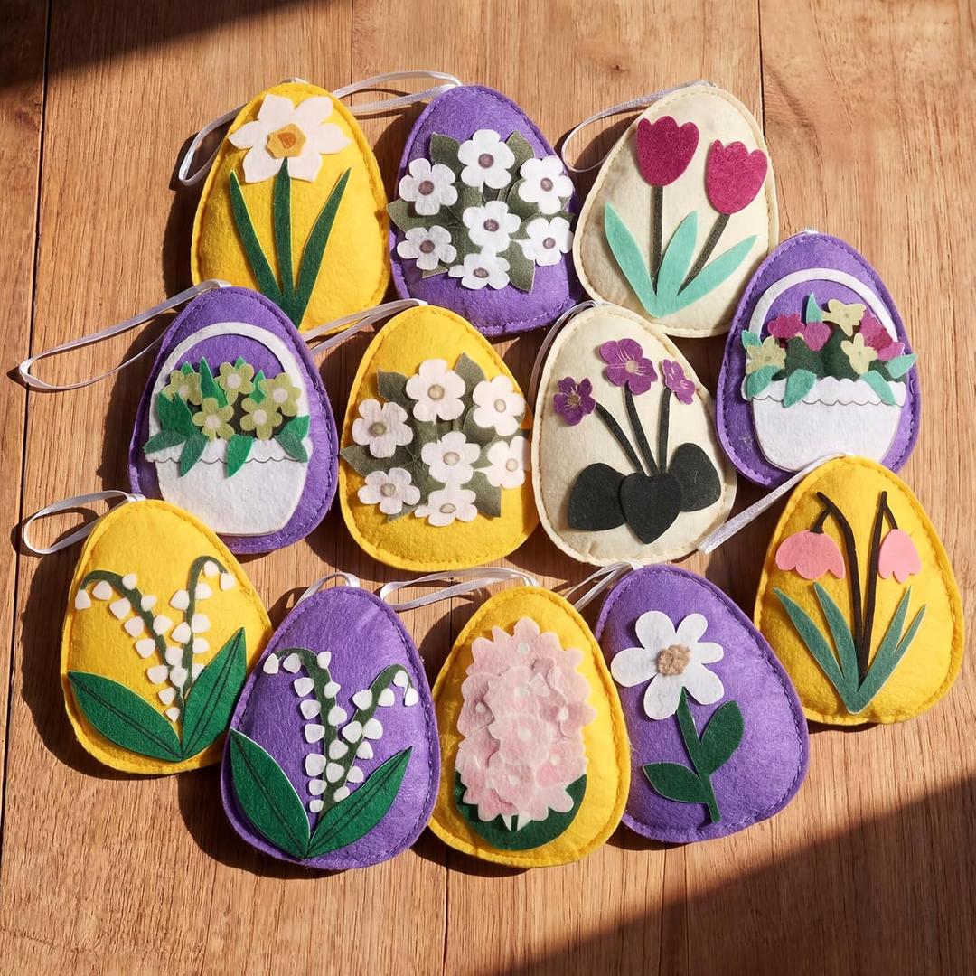 12 Pcs Spring Flower Felt Ornaments for Tree 3D Yellow Purple Flower Tree Decoration Easter Egg Embroidery Hanging Decorations 3.14 Inch Spring Floral Tulip Felt Baubles for Party Decor