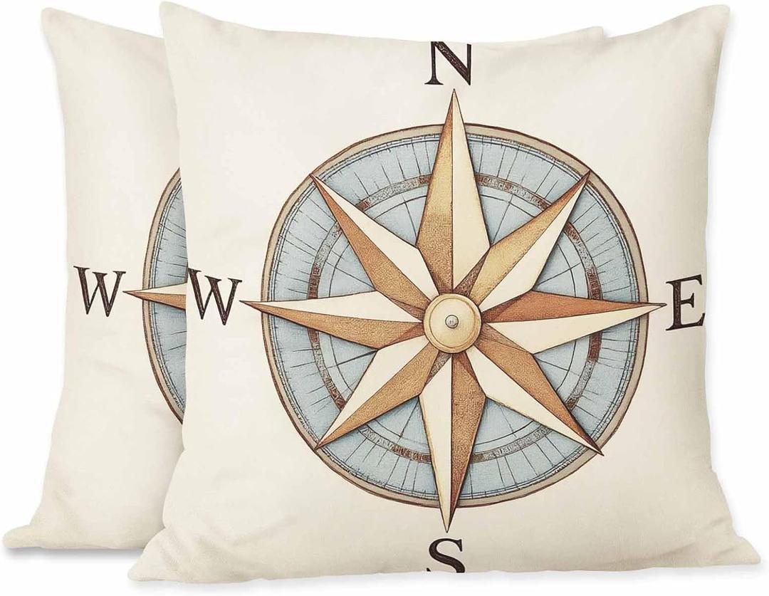 Cushion Covers Vintage Compass Antique Pattern Global Geography Direction Square Soft, Pillow Cases Decor for Couch Bedroom Sofa Living Pack of 2 Size 18X18 Inch (Pc-a143)