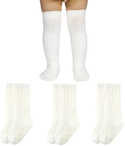 Aorffier Baby Knee High Socks, Toddler Knee High Socks Newborn Little Boy Girl Knit Cotton Stockings 0-36 Months (0-12 Months, 3 Pairs)