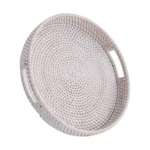 Round Rattan Serving Tray,Hand-Woven Tray with Handles, Ottoman Decorative Coffee Table Tray,Wicker Storage Basket for Tea,Fruit,Bread (Whitewash, 11.8")