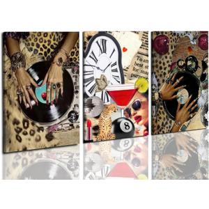 3 Pcs Leopard Wall Art , Black Woman Cheetah Print Room Posters Print Lucky 8 Ball Art, Funky Women's Aesthetic Room Pictures Girls Dorm Canvas Wall Art Decor for Dorm, Apartments, Bathroom, Bedroom 12*18 in