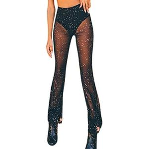 Women's Rave Sheer Mesh Sparkly Pants Bell Bottom Rave Outfit Clothes for Festival Dance Clubwear L